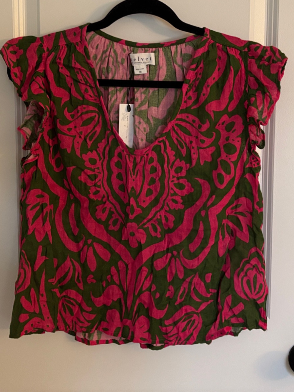 Velvet Bright Pink & Olive Floral Print Top